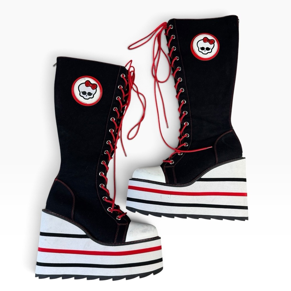 YRU Monster High Ghoul Knee-High Lace-Up Platform Boots Black/White/Red US 11